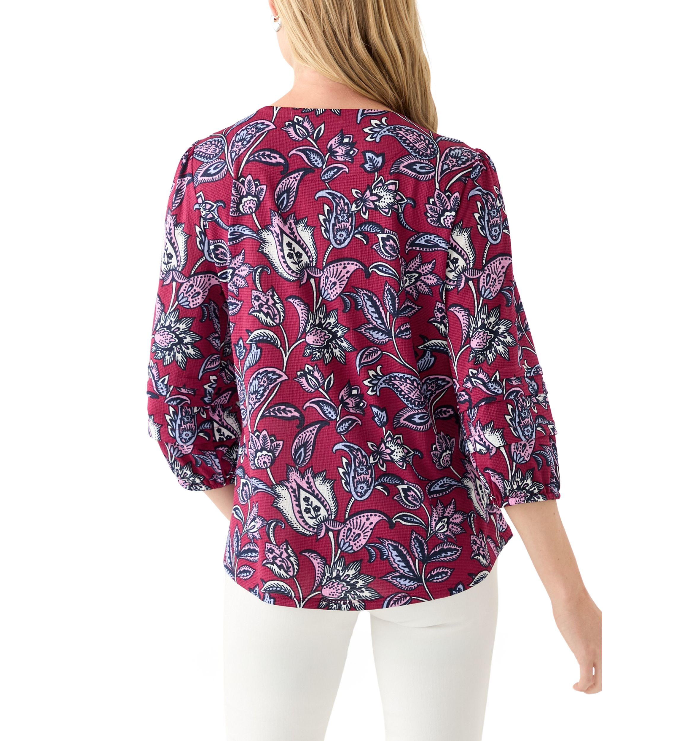  Petite 3/4 Pleated Sleeve Printed Shirt 