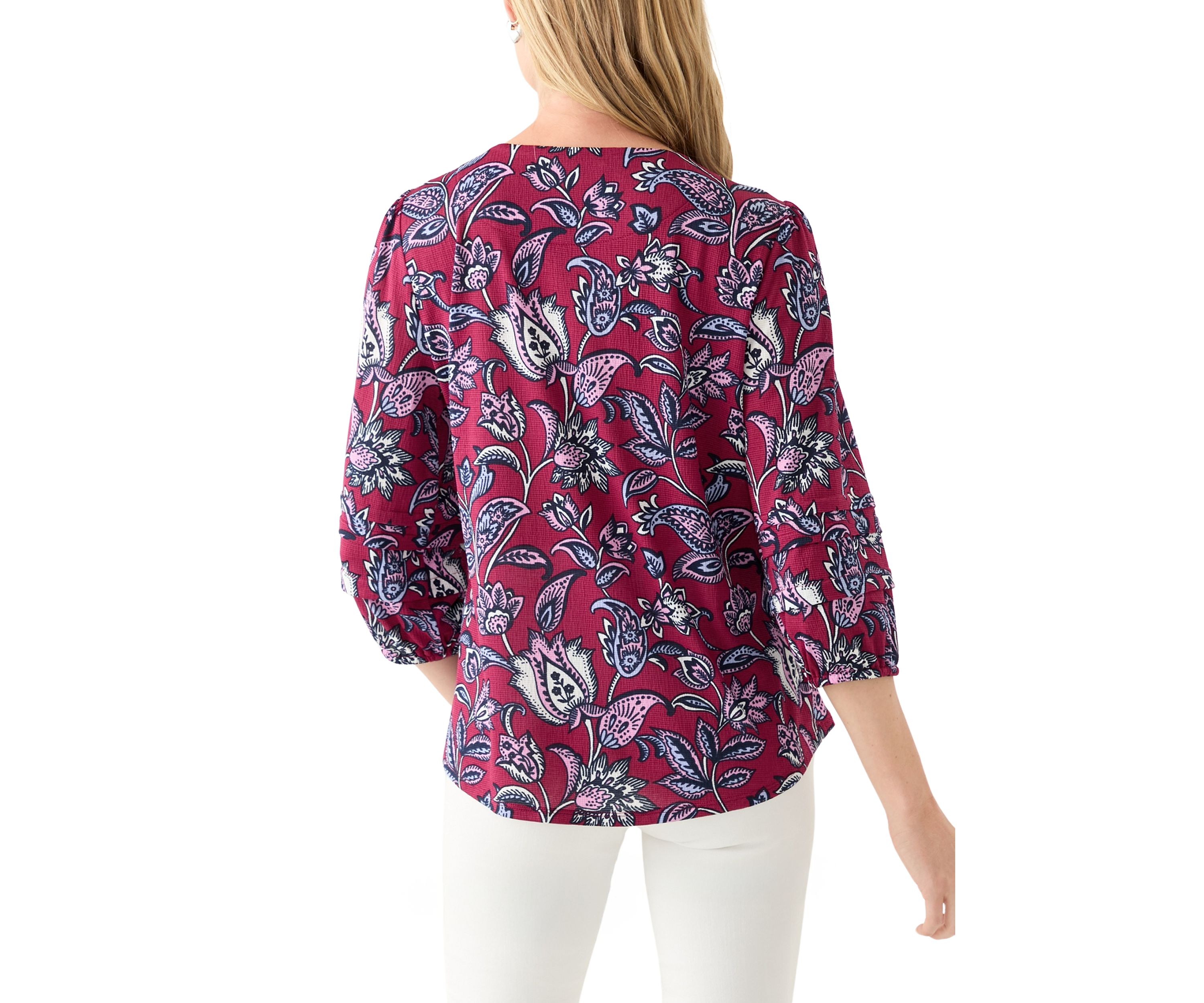  Petite 3/4 Pleated Sleeve Printed Shirt 