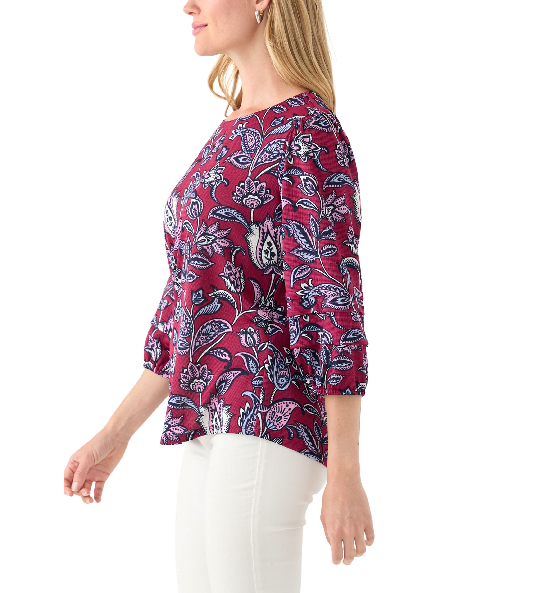  Petite 3/4 Pleated Sleeve Printed Shirt 