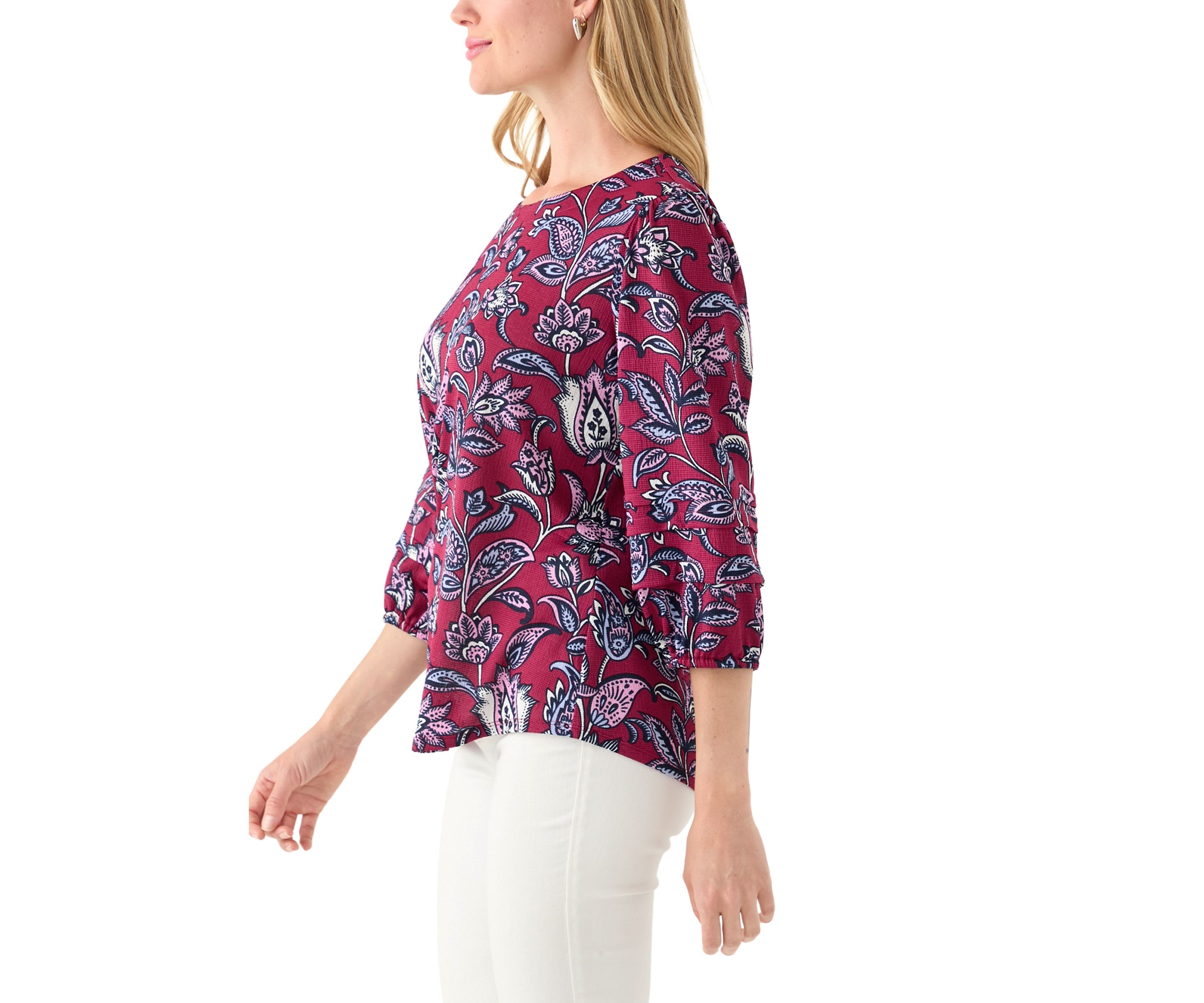  Petite 3/4 Pleated Sleeve Printed Shirt 