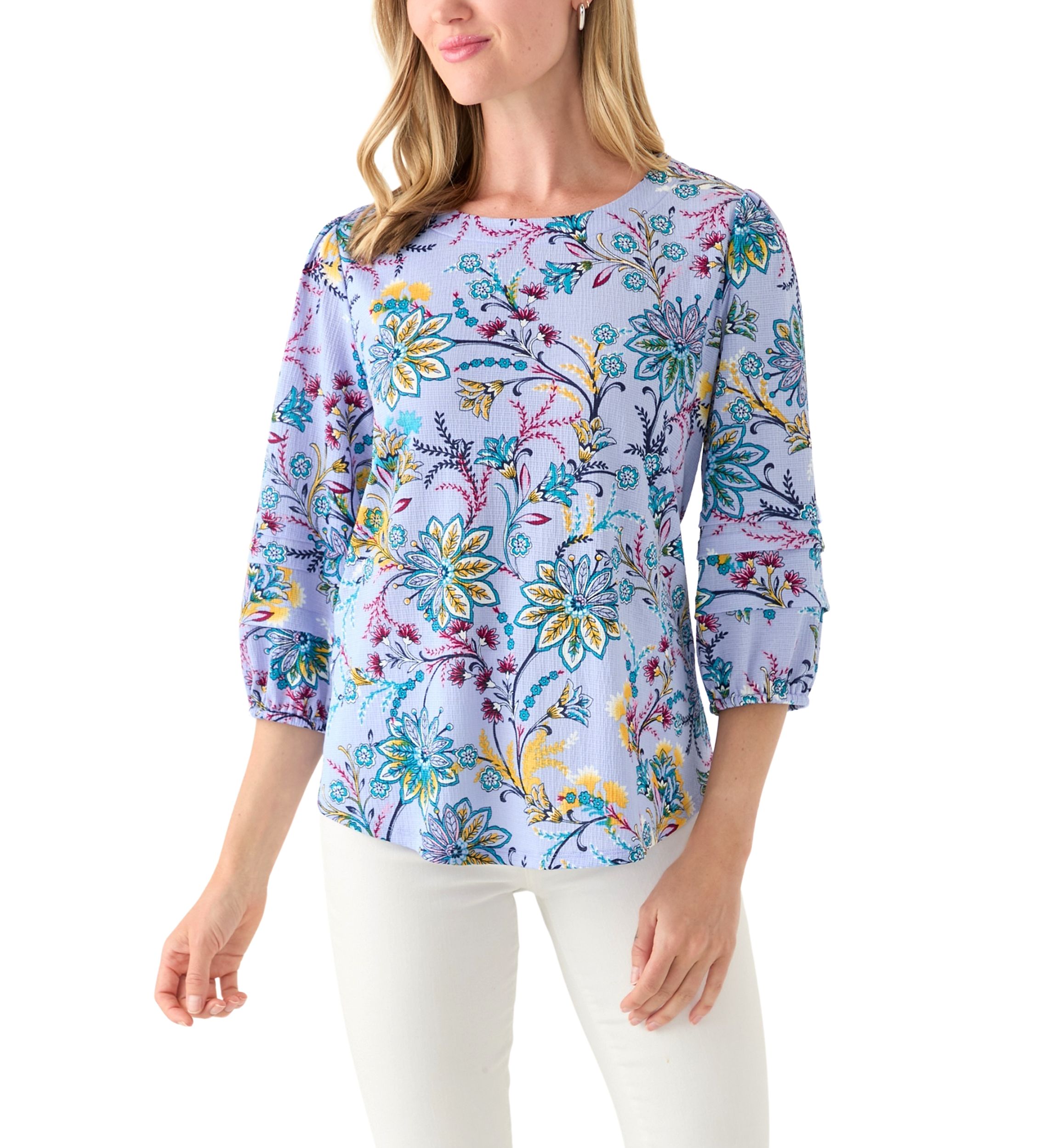Petite Three-Quarter Sleeve Pleat Knit Blouse