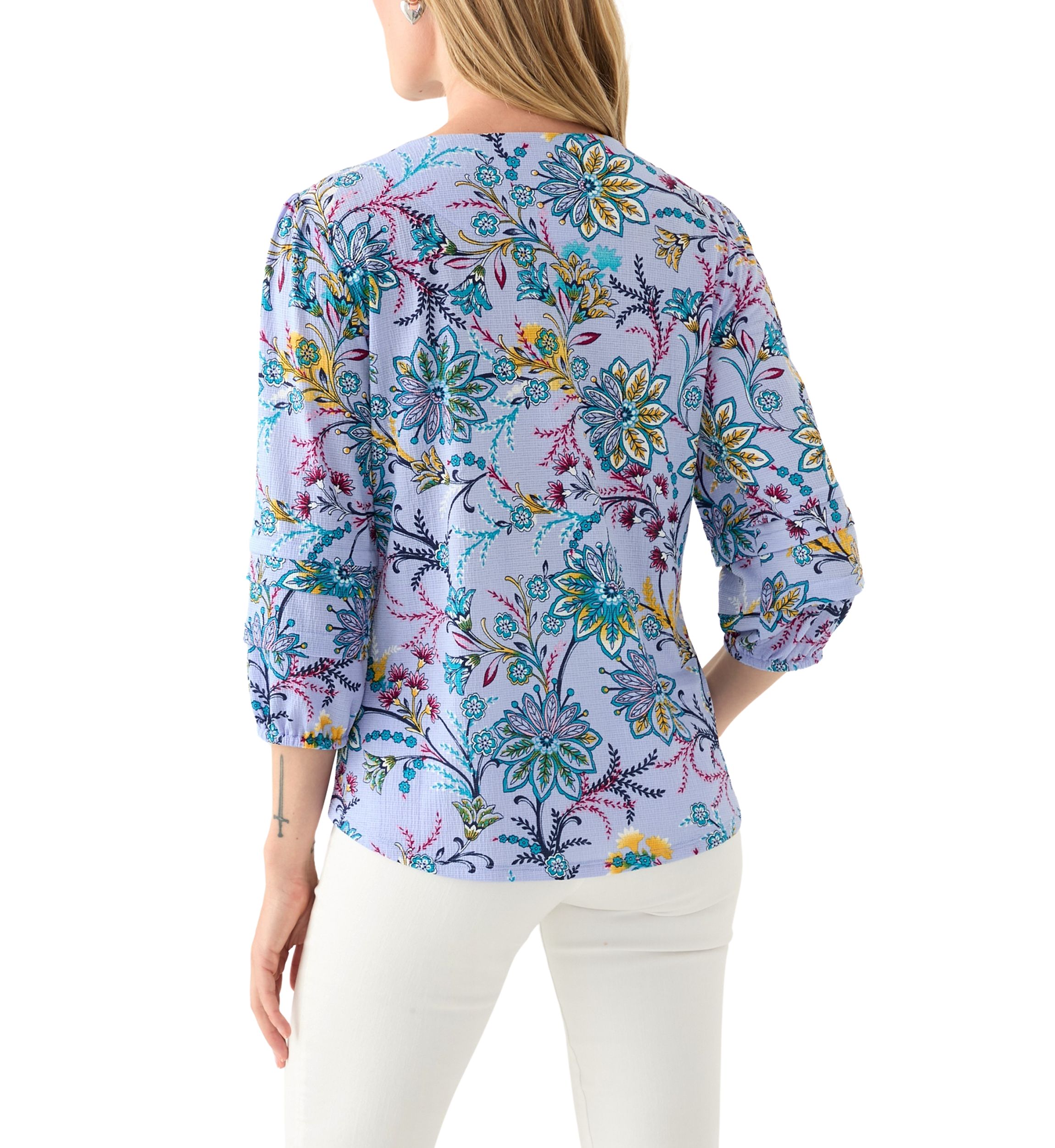 Petite Three-Quarter Sleeve Pleat Knit Blouse