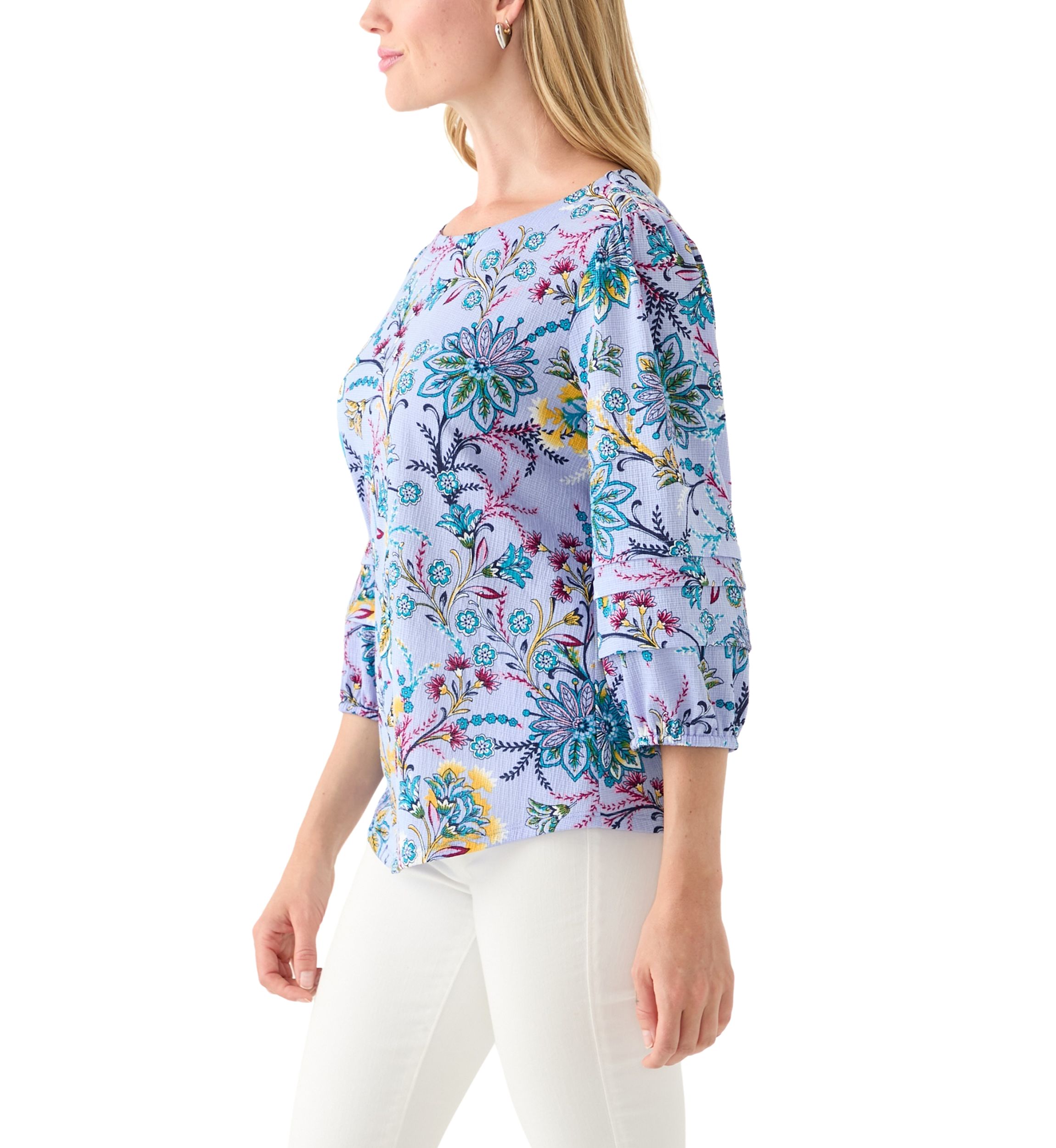 Petite Three-Quarter Sleeve Pleat Knit Blouse