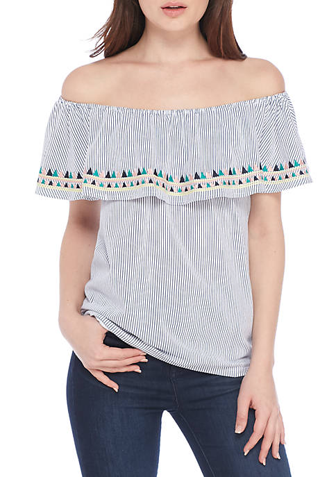 Striped Off-The-Shoulder Ruffle Embroidery Top