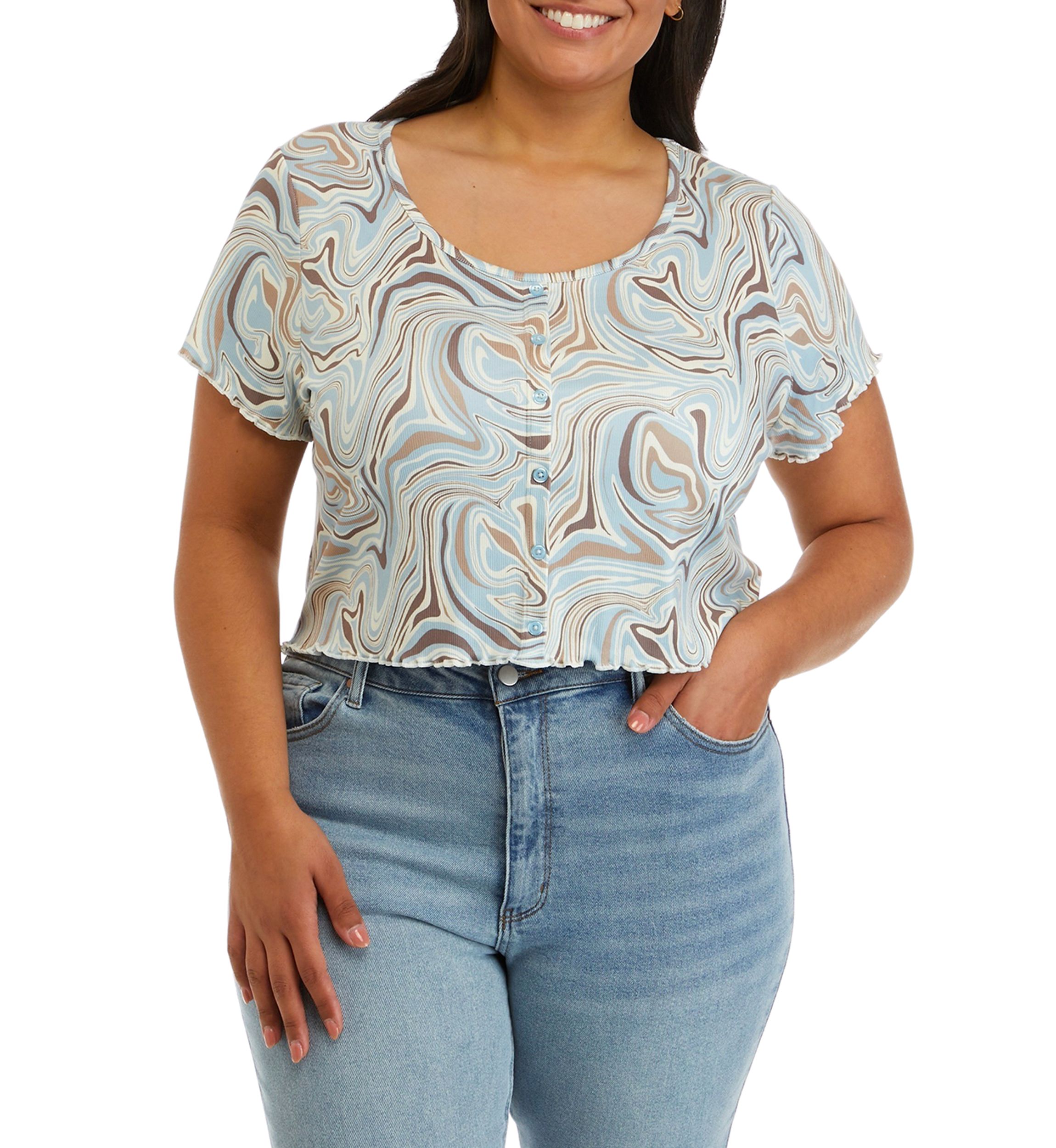 Plus Size Short Sleeve Printed Henley Top