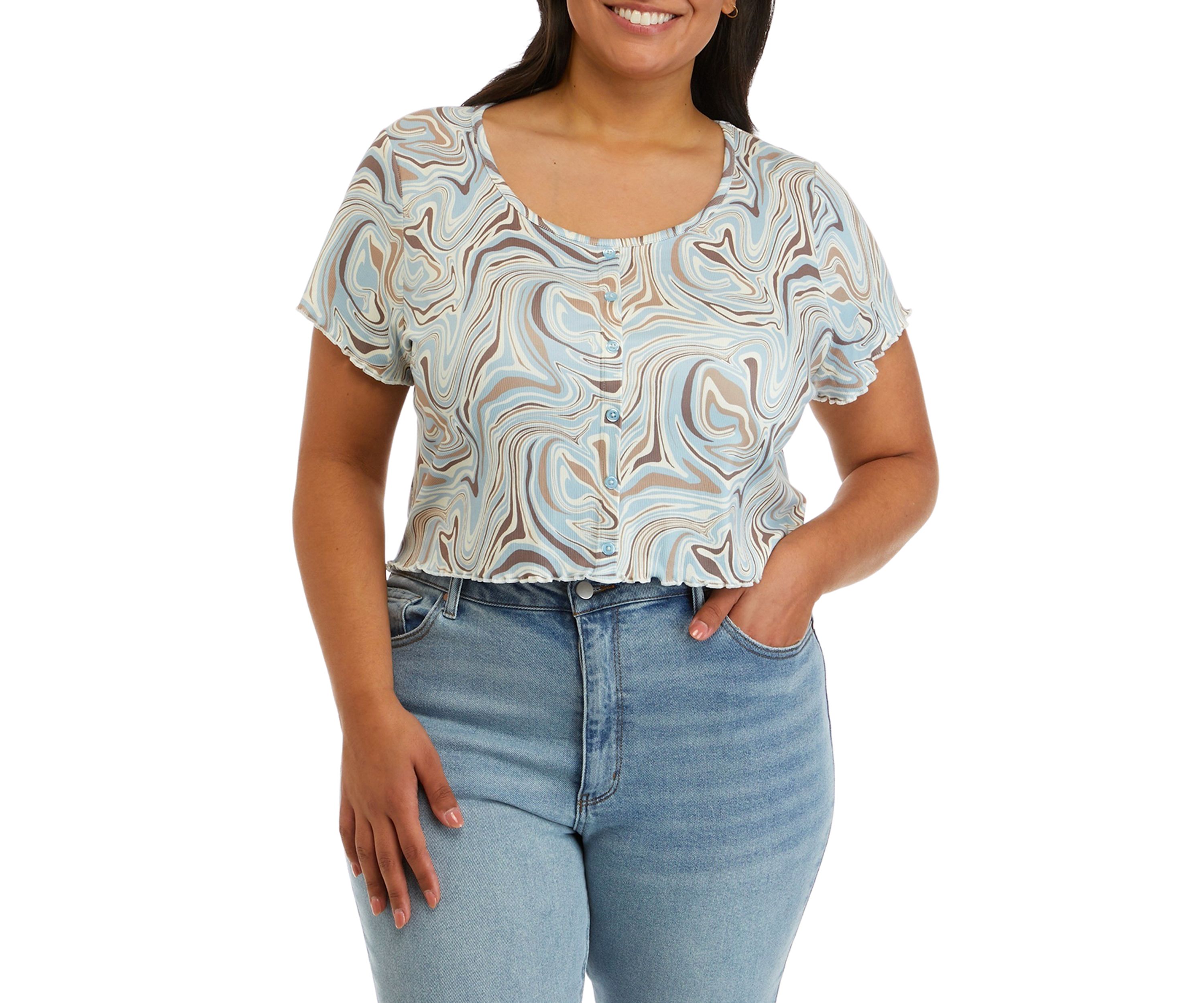 Plus Size Short Sleeve Printed Henley Top