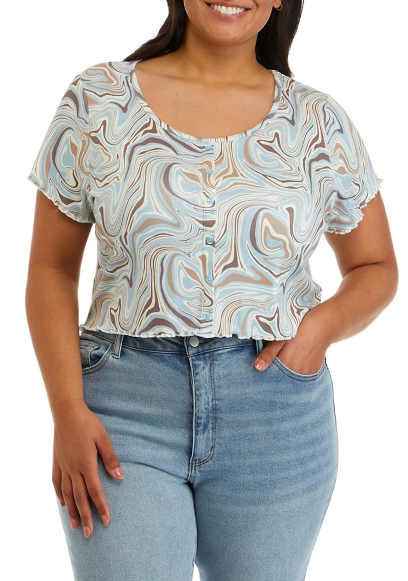Plus Size Short Sleeve Printed Henley Top