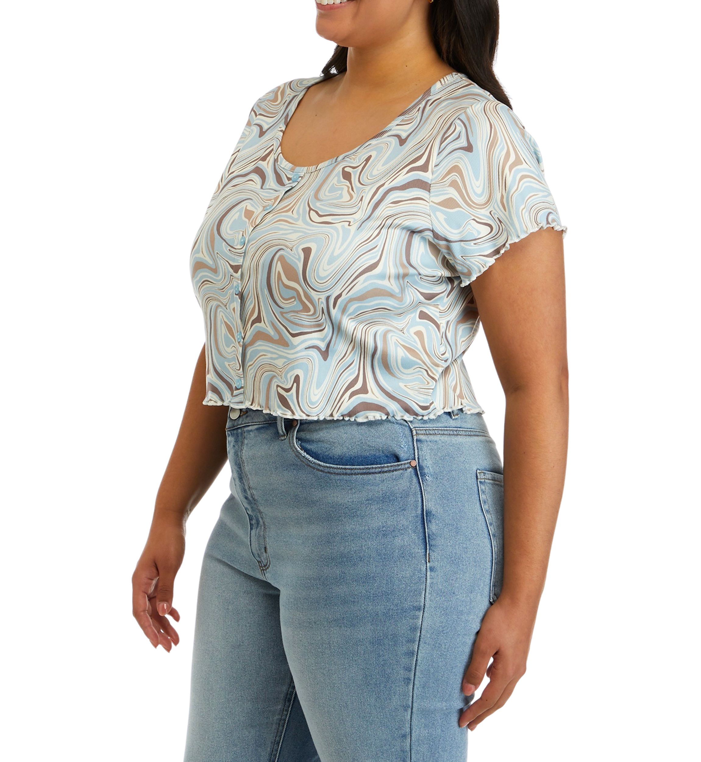 Plus Size Short Sleeve Printed Henley Top