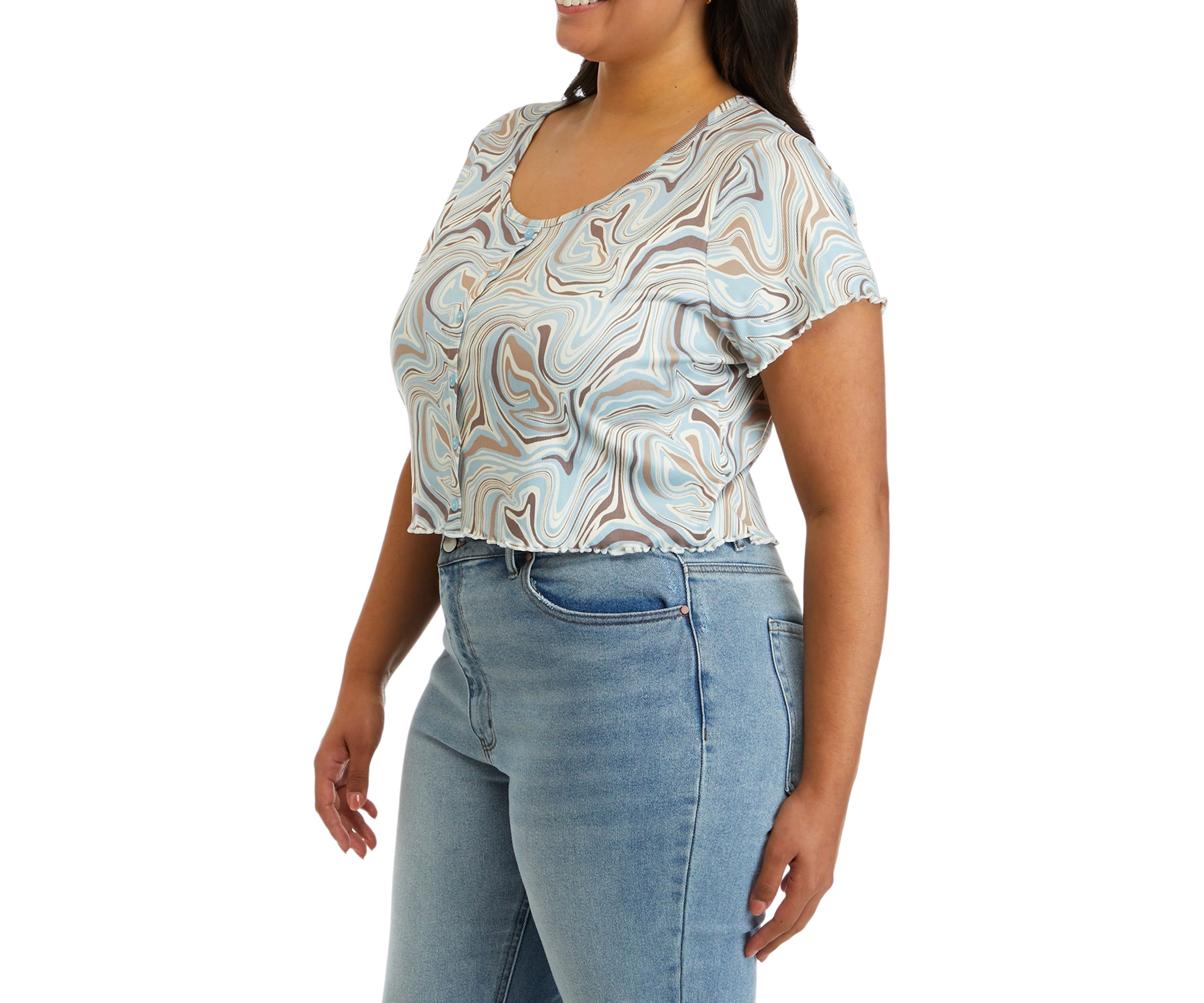 Plus Size Short Sleeve Printed Henley Top