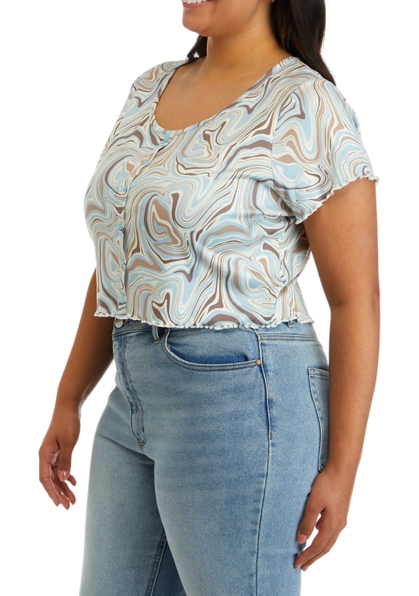 Plus Size Short Sleeve Printed Henley Top