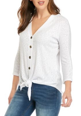 New Directions® Women's 3/4 Sleeve Rib Texture Gauze Tie Front Top | belk