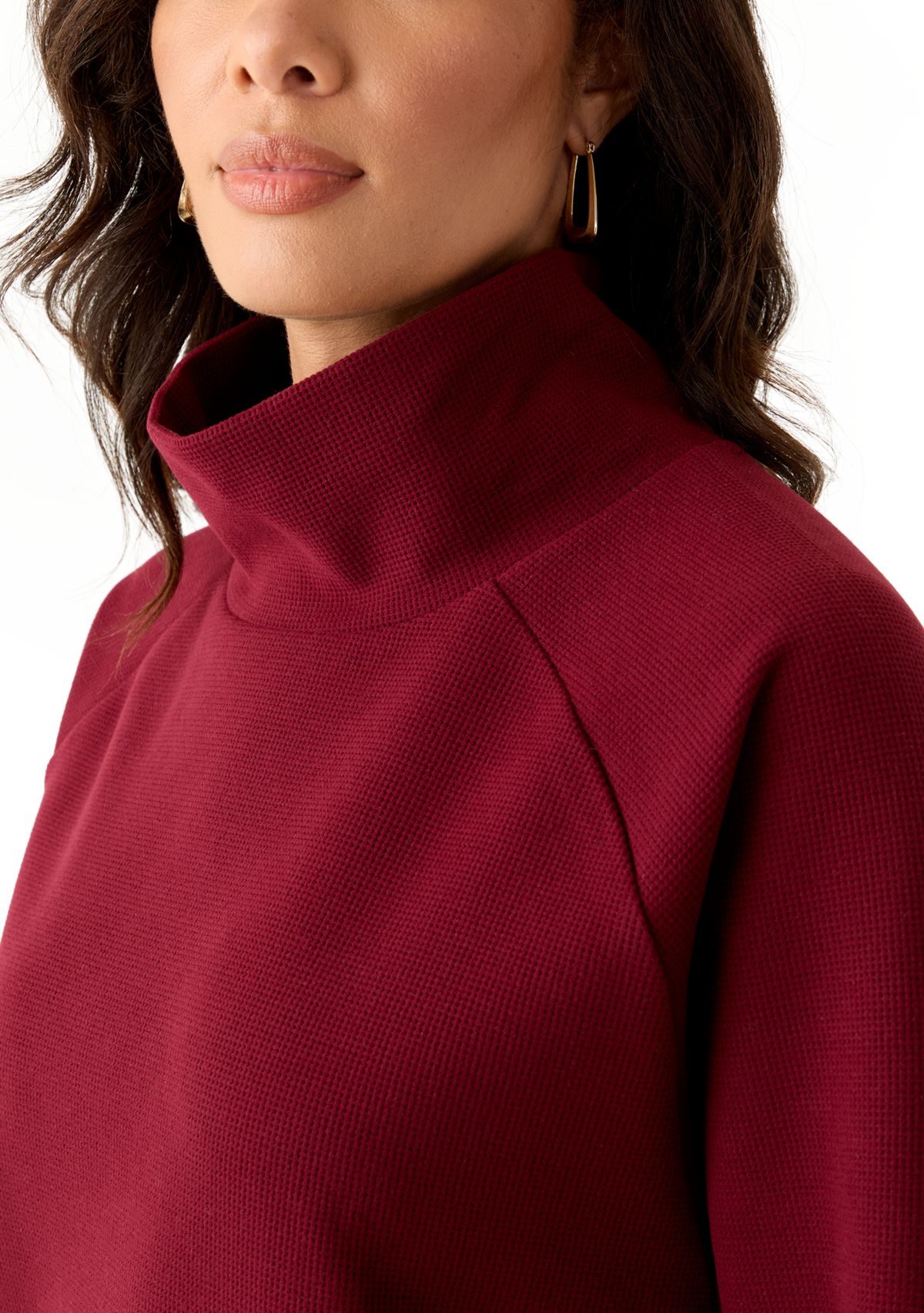 Womens Long Sleeve Waffle Knit Mock Neck Top