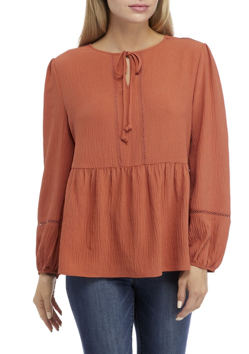 Womens Long Sleeve Peplum Henley Blouse 