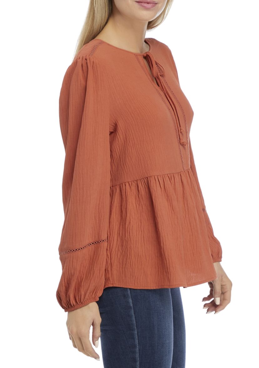 Womens Long Sleeve Peplum Henley Blouse 
