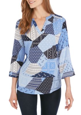 kim rogers puff print 3 4 sleeve top with necklac