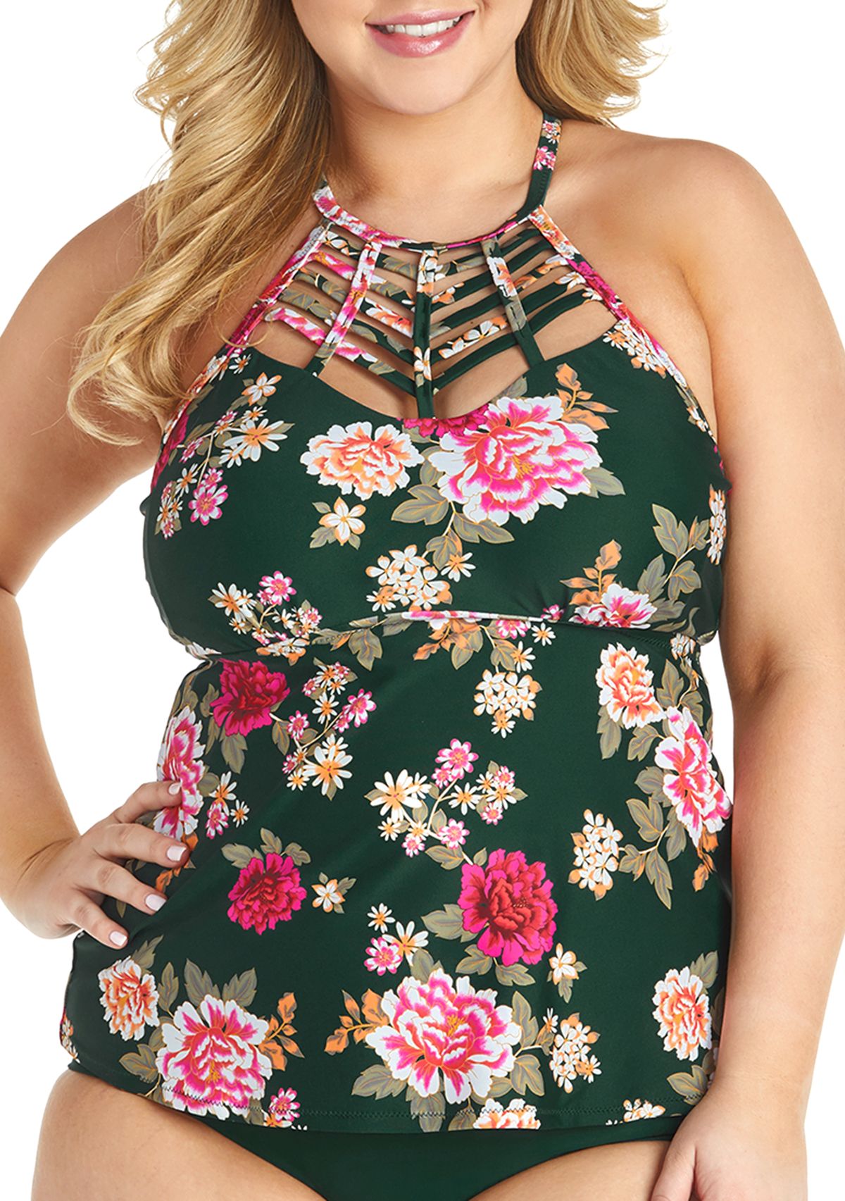 Plus Size High Strappy Neck Tankini Swim Top