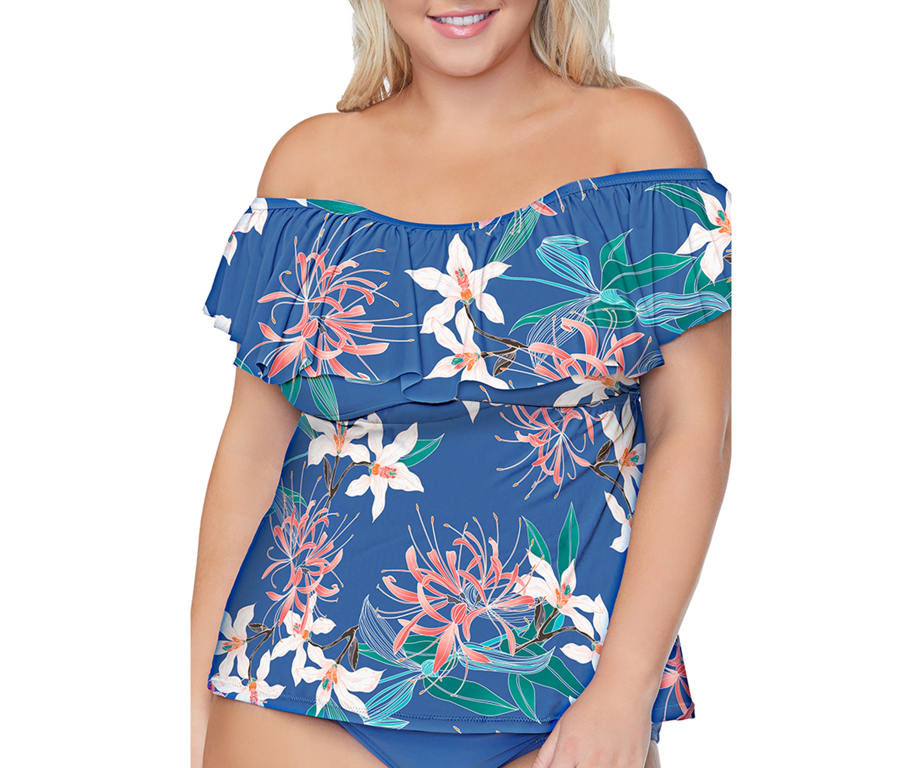Plus Size Floral Ruffle Off the Shoulder Swim Tankini Top