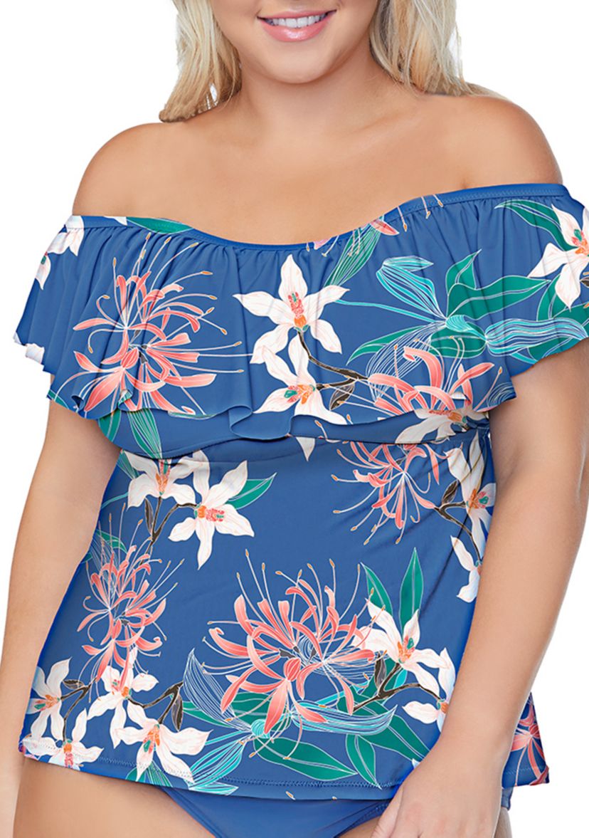 Plus Size Floral Ruffle Off the Shoulder Swim Tankini Top