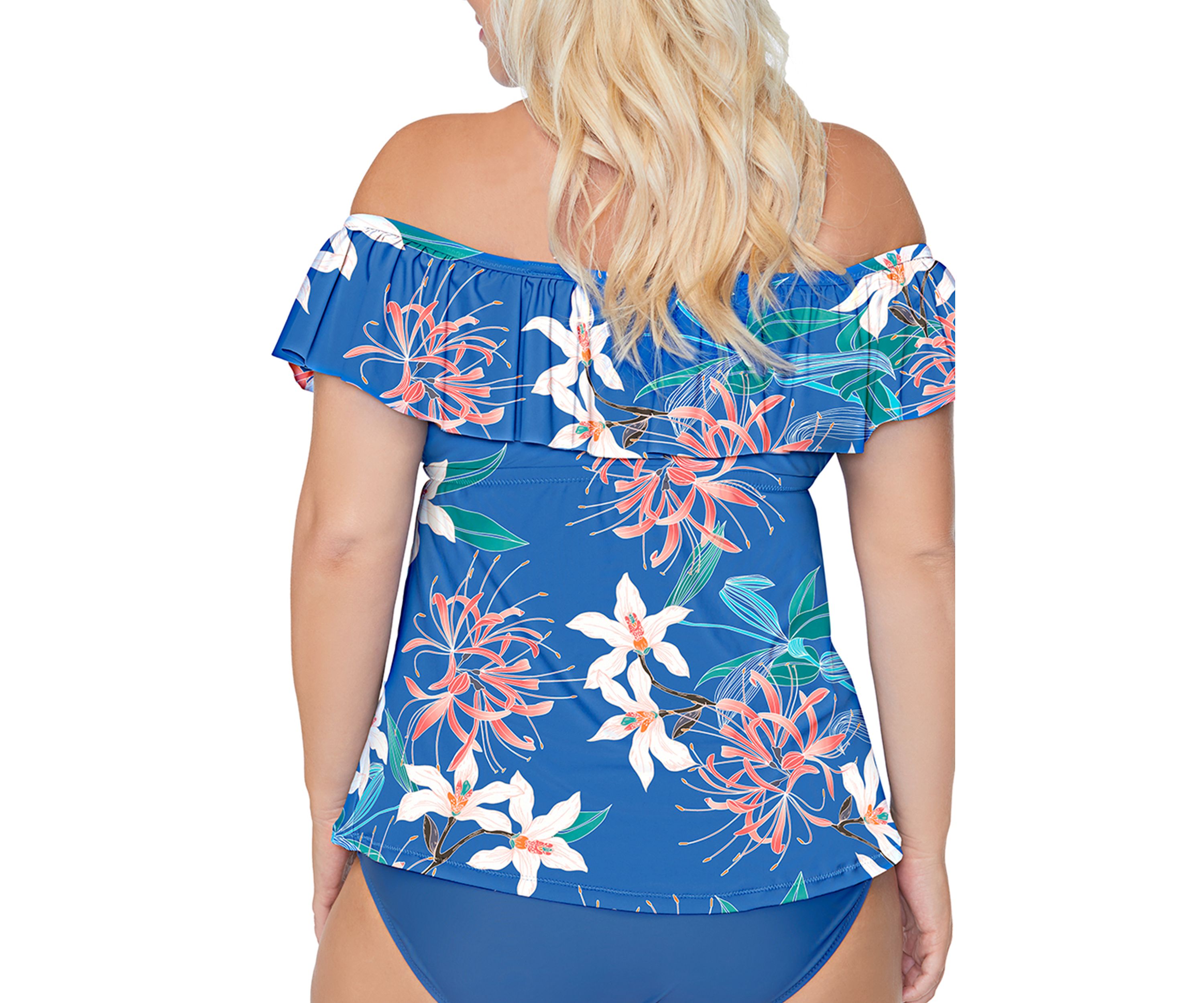 Plus Size Floral Ruffle Off the Shoulder Swim Tankini Top