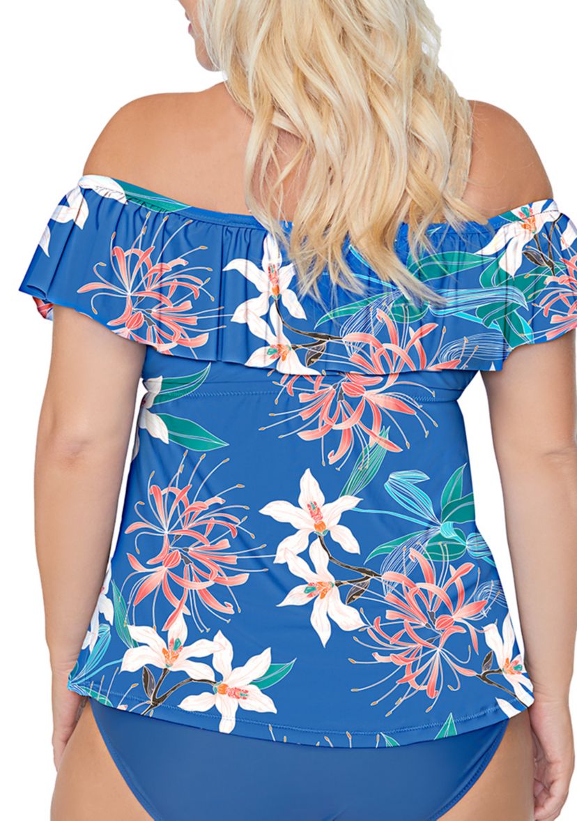Plus Size Floral Ruffle Off the Shoulder Swim Tankini Top