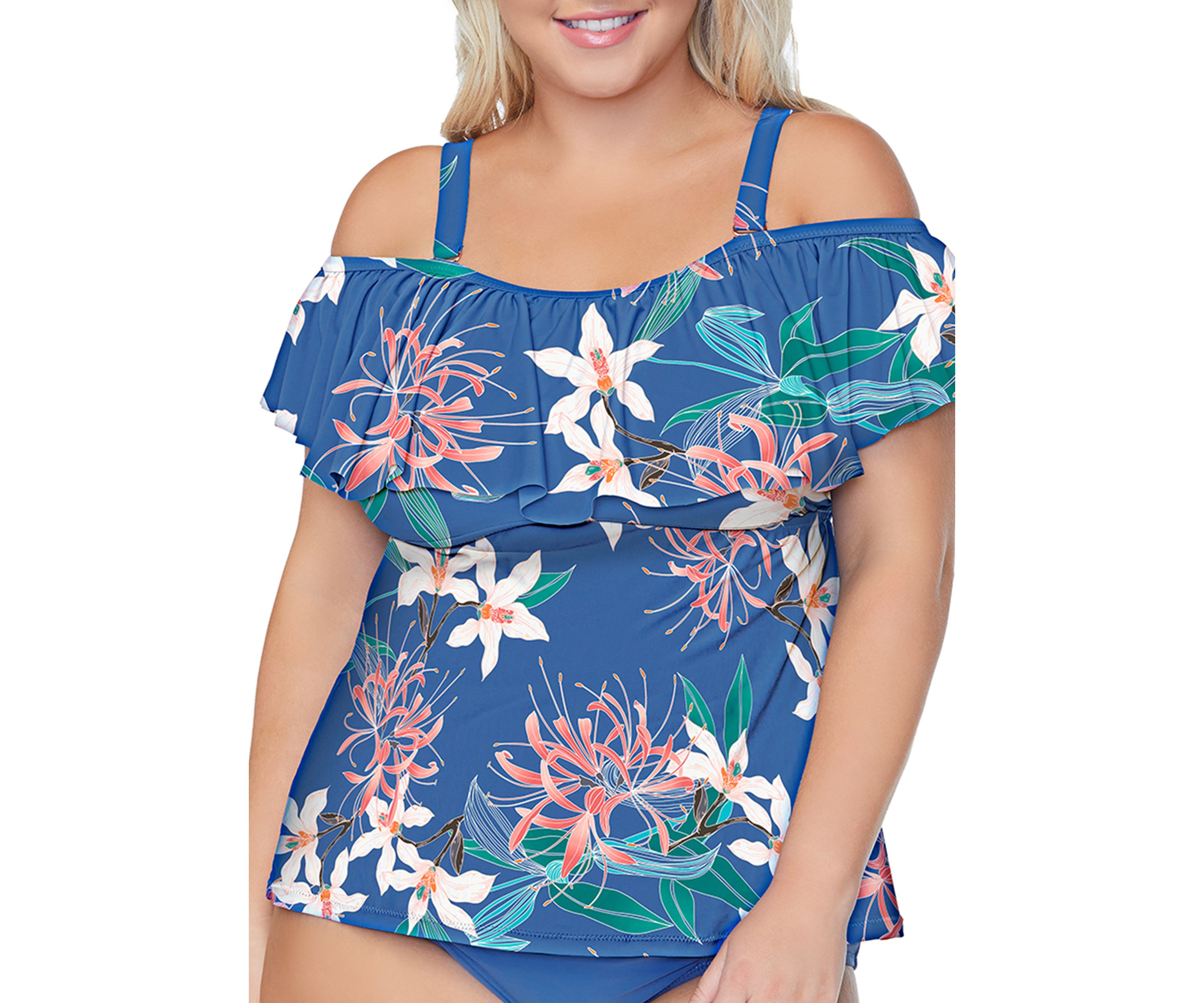 Plus Size Floral Ruffle Off the Shoulder Swim Tankini Top