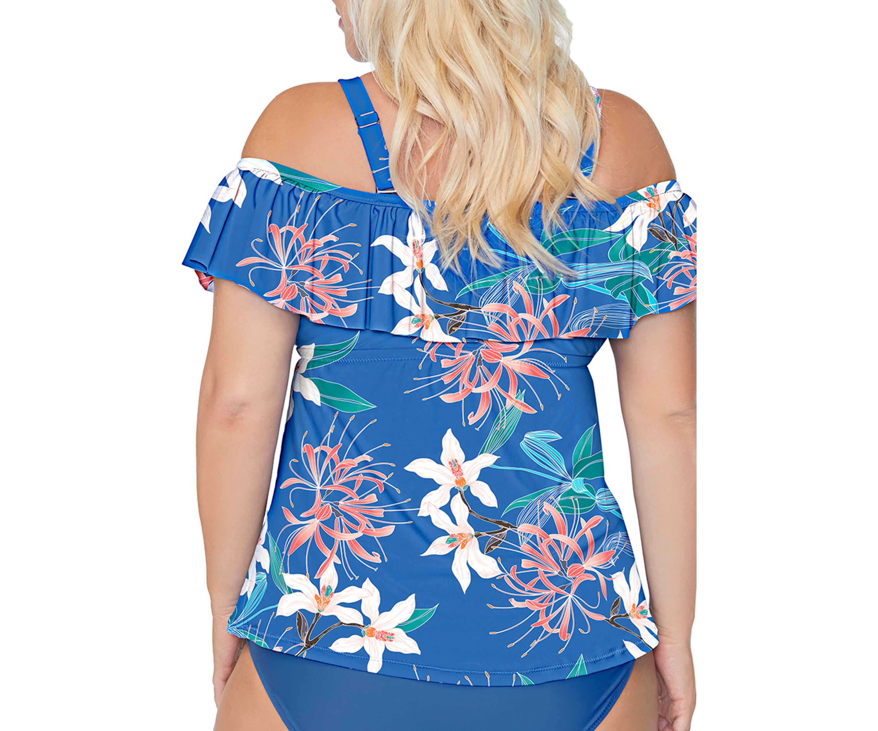 Plus Size Floral Ruffle Off the Shoulder Swim Tankini Top