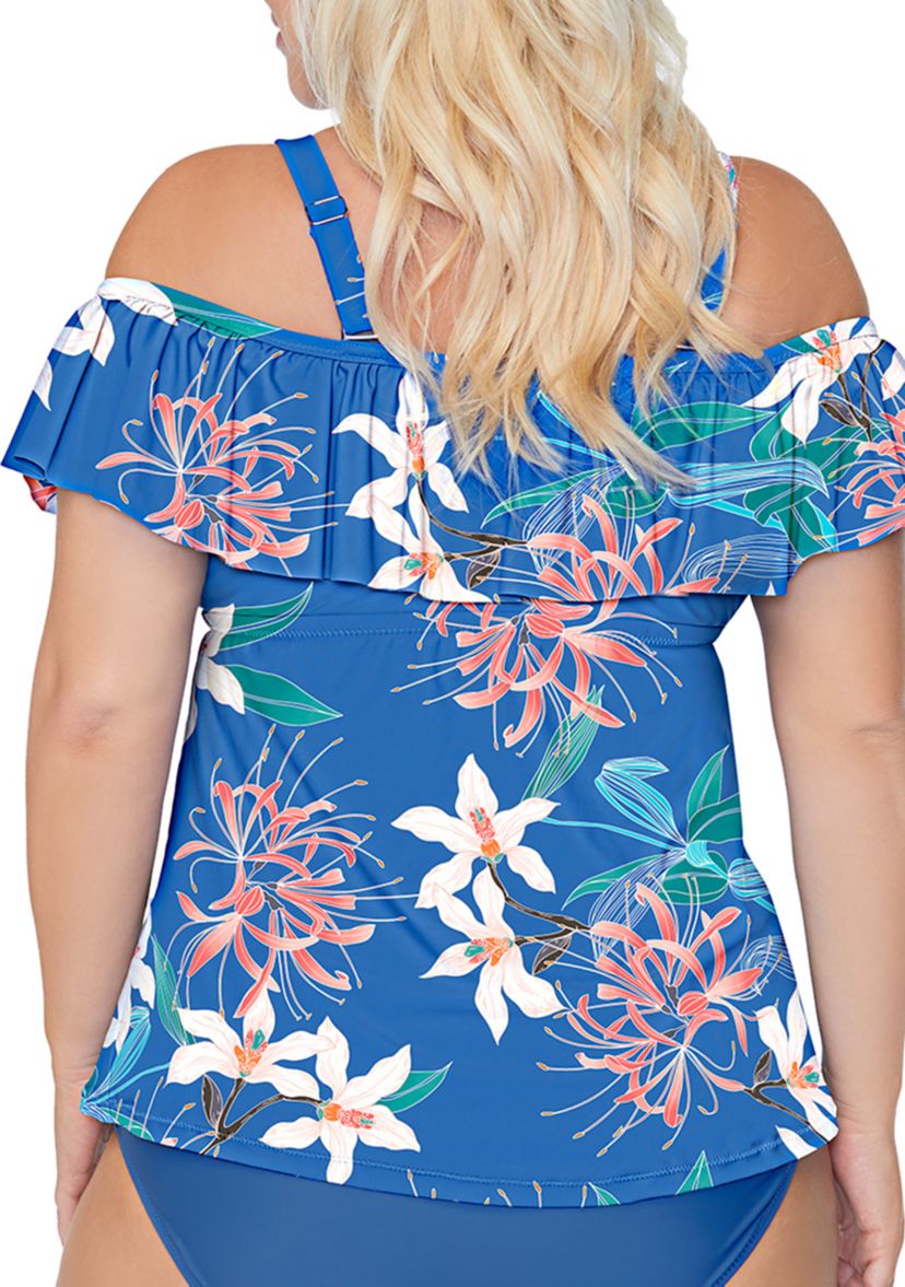 Plus Size Floral Ruffle Off the Shoulder Swim Tankini Top