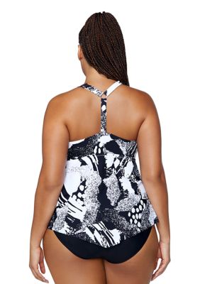 Lysa Women's Plus Size Black Mesh Tankini Swimsuit Set - UPF 50