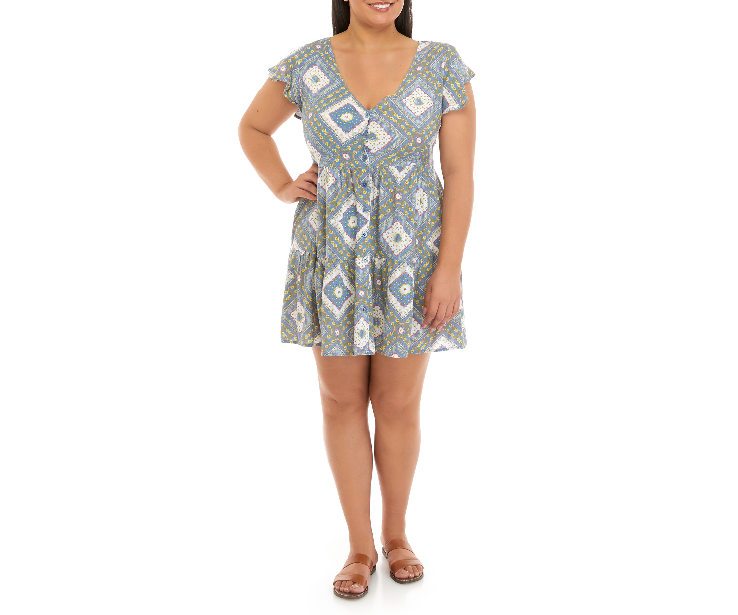 Plus Size Short Sleeve Button Down Tiered Dress