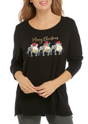 Joyland Women's Long Sleeve Merry Christmas Elephants Graphic T-Shirt | belk