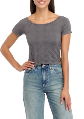 OLIVE + OAK Women's Short Sleeve Jacquard Seamless Top, Grey, XS/S
