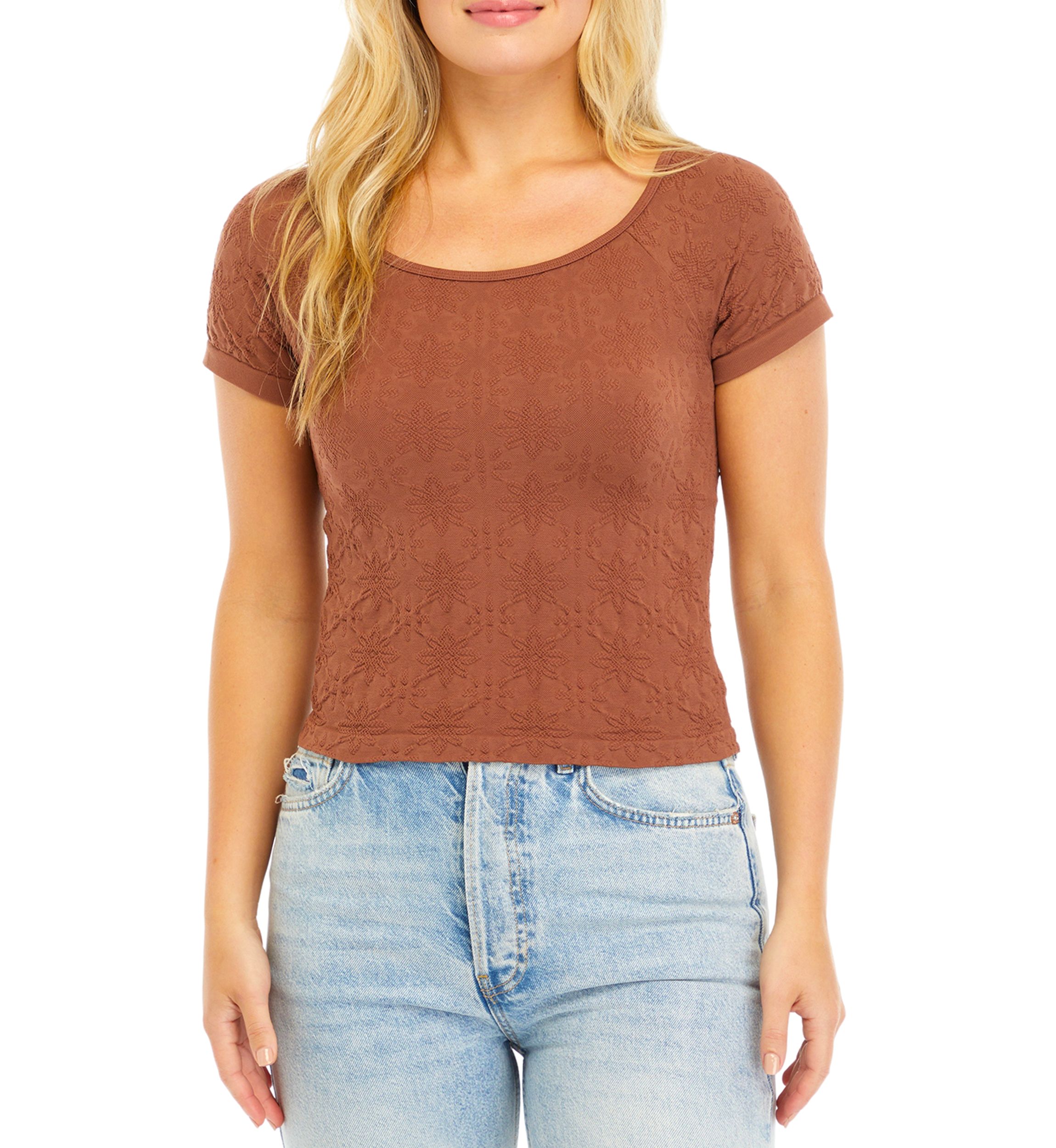 Juniors Short Sleeve Jacquard Seamless Top 