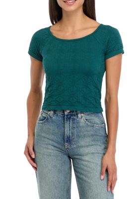 OLIVE + OAK Women's Short Sleeve Jacquard Seamless Top, Teal, XS/S