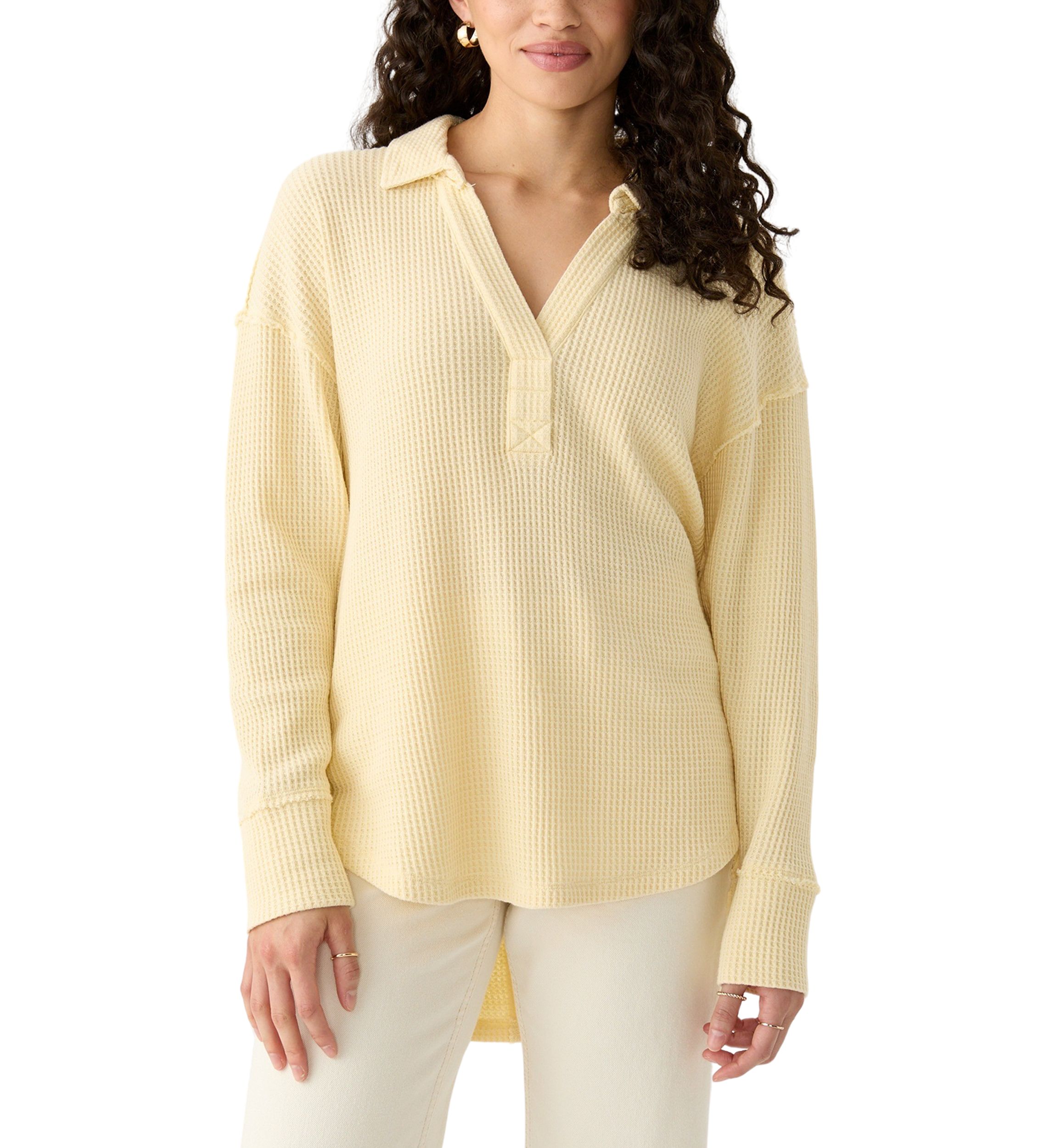 Womens Waffle Knit Johnny Collar Pullover