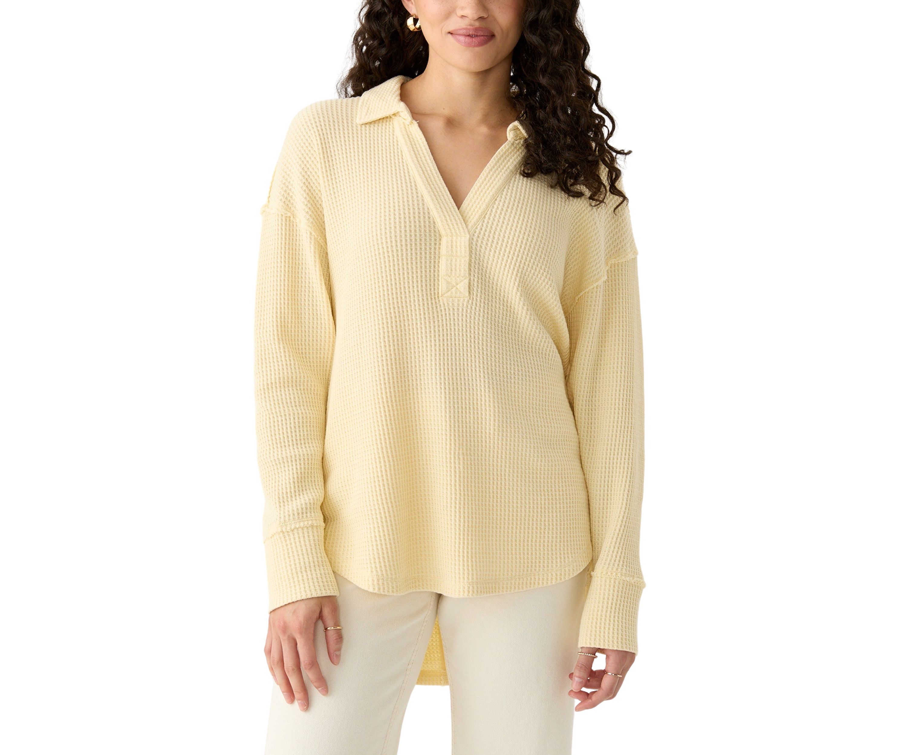 Womens Waffle Knit Johnny Collar Pullover