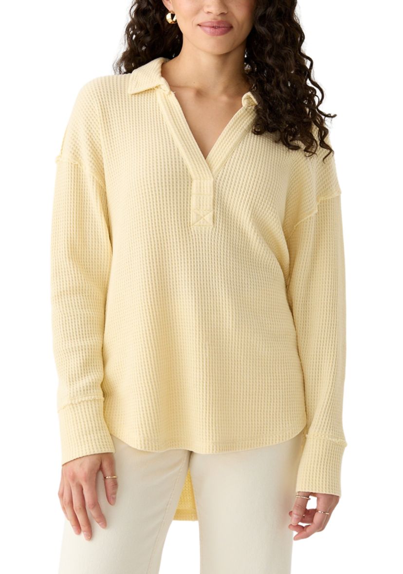 Womens Waffle Knit Johnny Collar Pullover