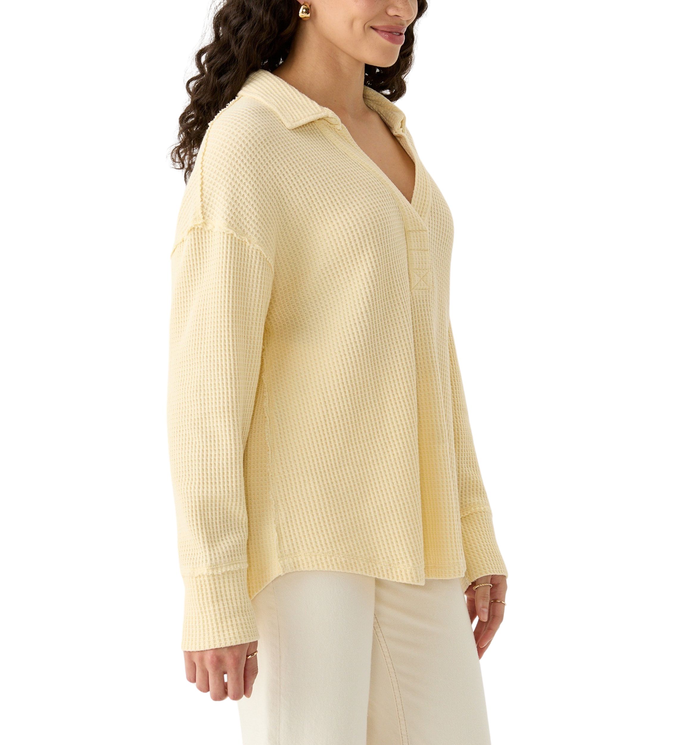 Womens Waffle Knit Johnny Collar Pullover