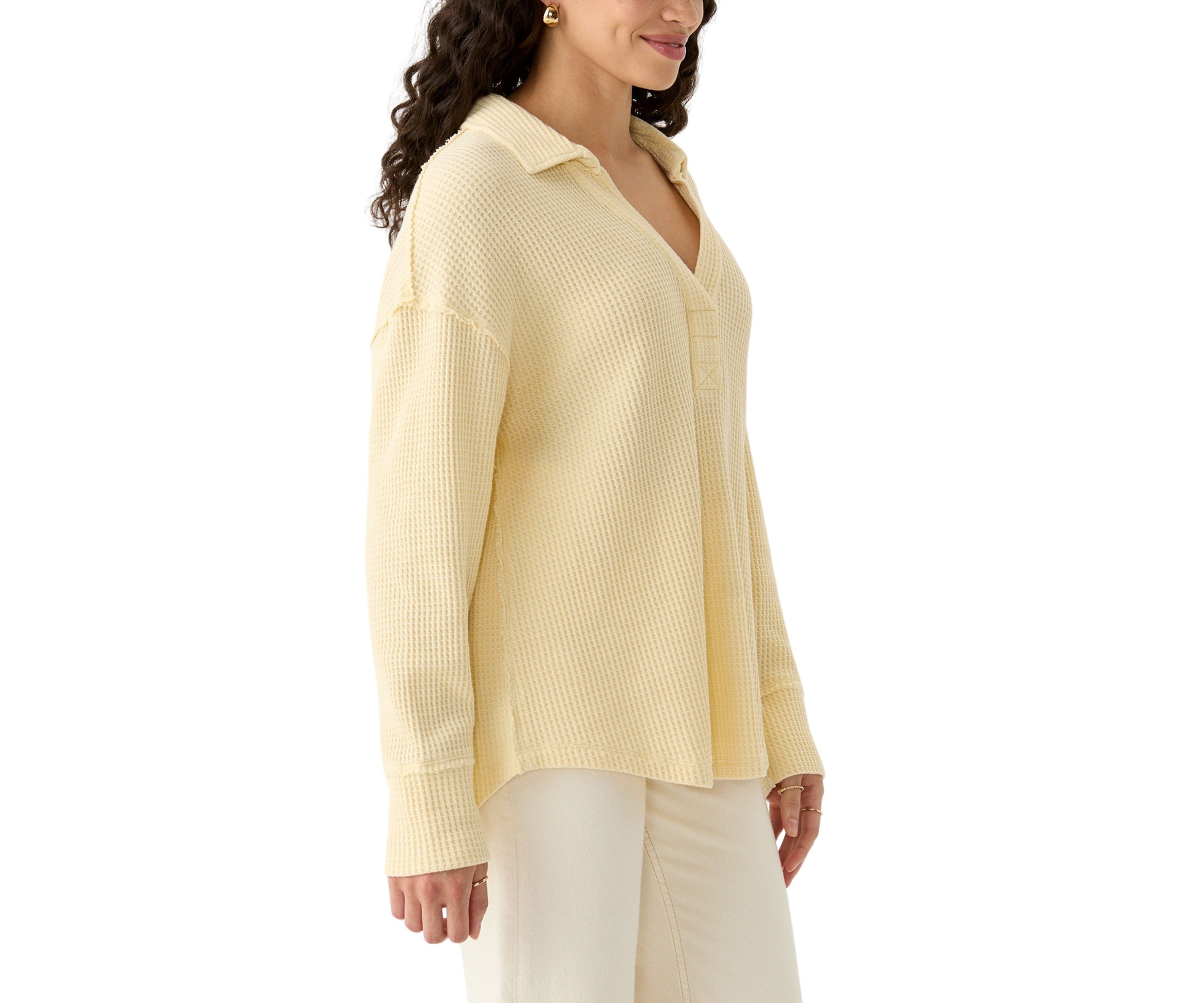 Womens Waffle Knit Johnny Collar Pullover