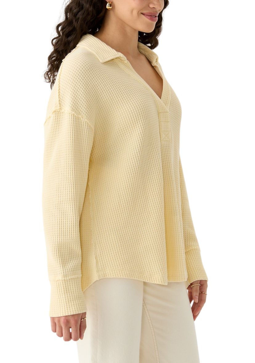 Womens Waffle Knit Johnny Collar Pullover
