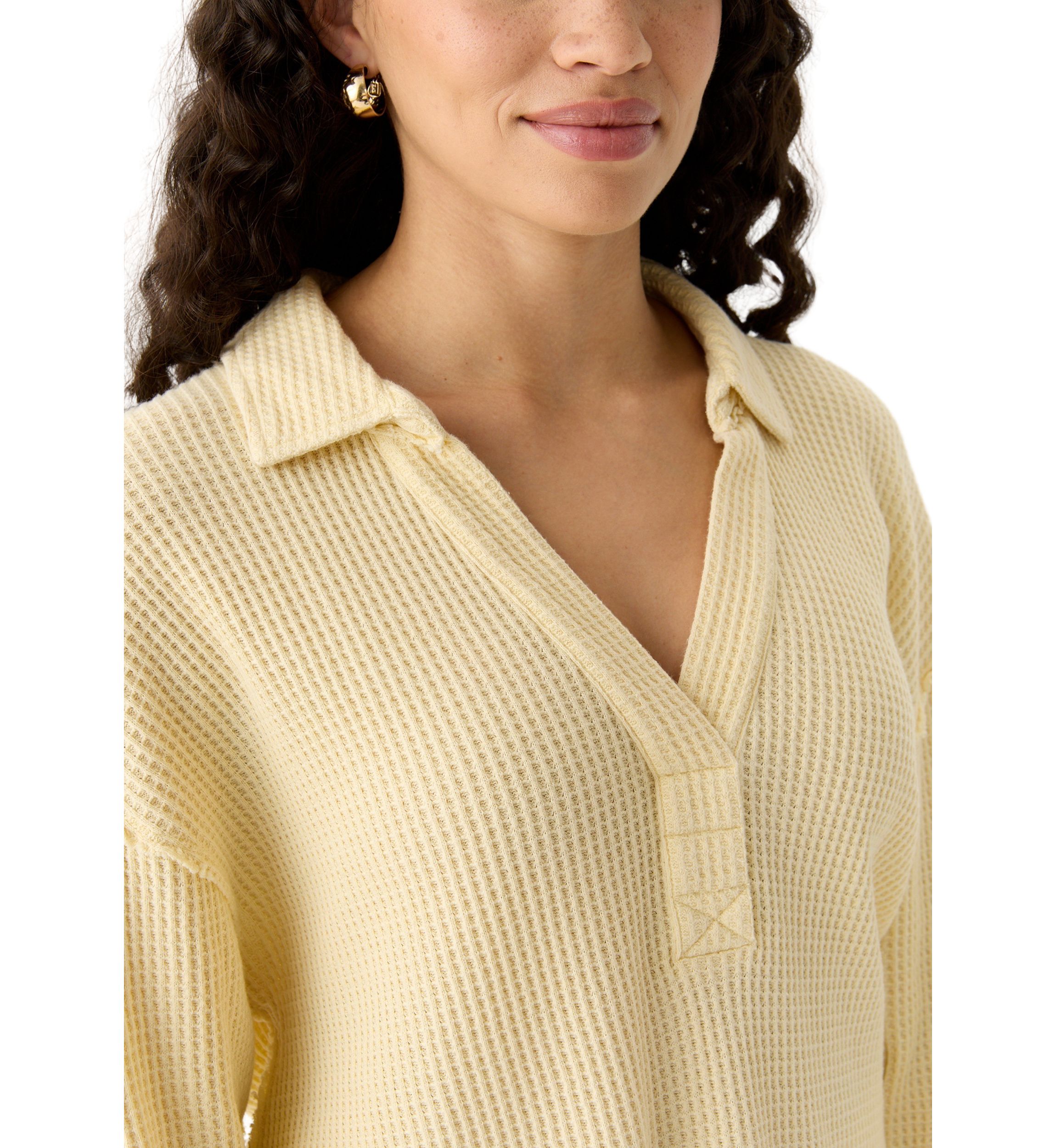 Womens Waffle Knit Johnny Collar Pullover