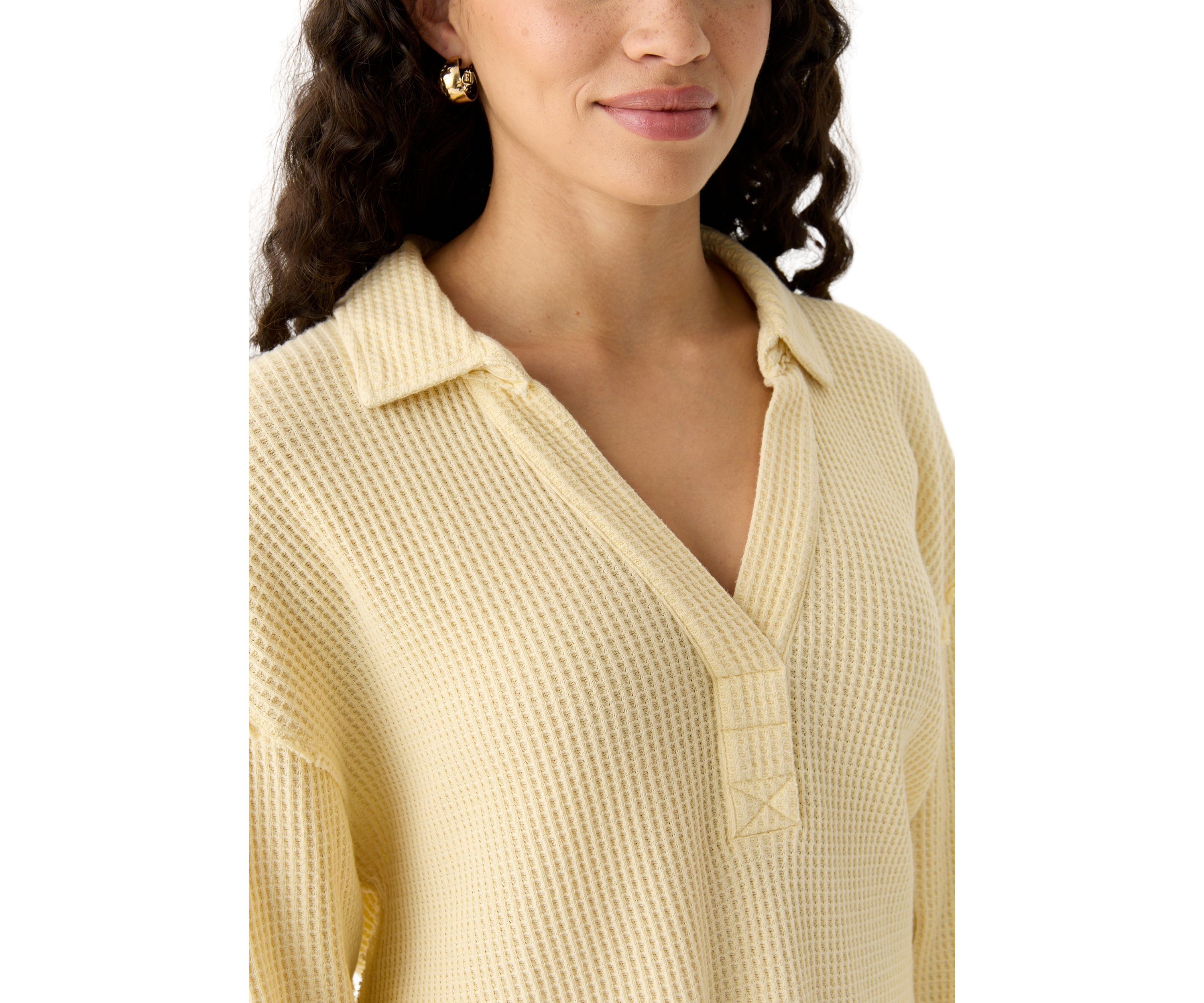 Womens Waffle Knit Johnny Collar Pullover