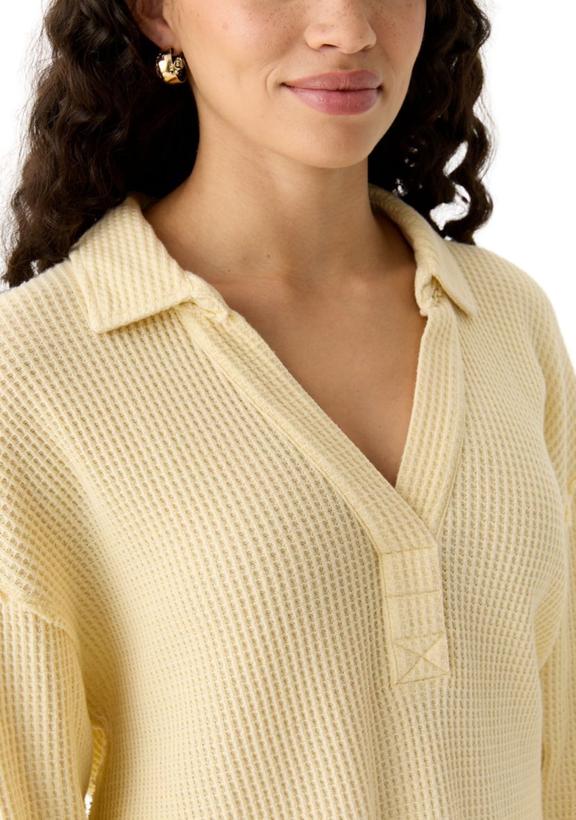 Womens Waffle Knit Johnny Collar Pullover