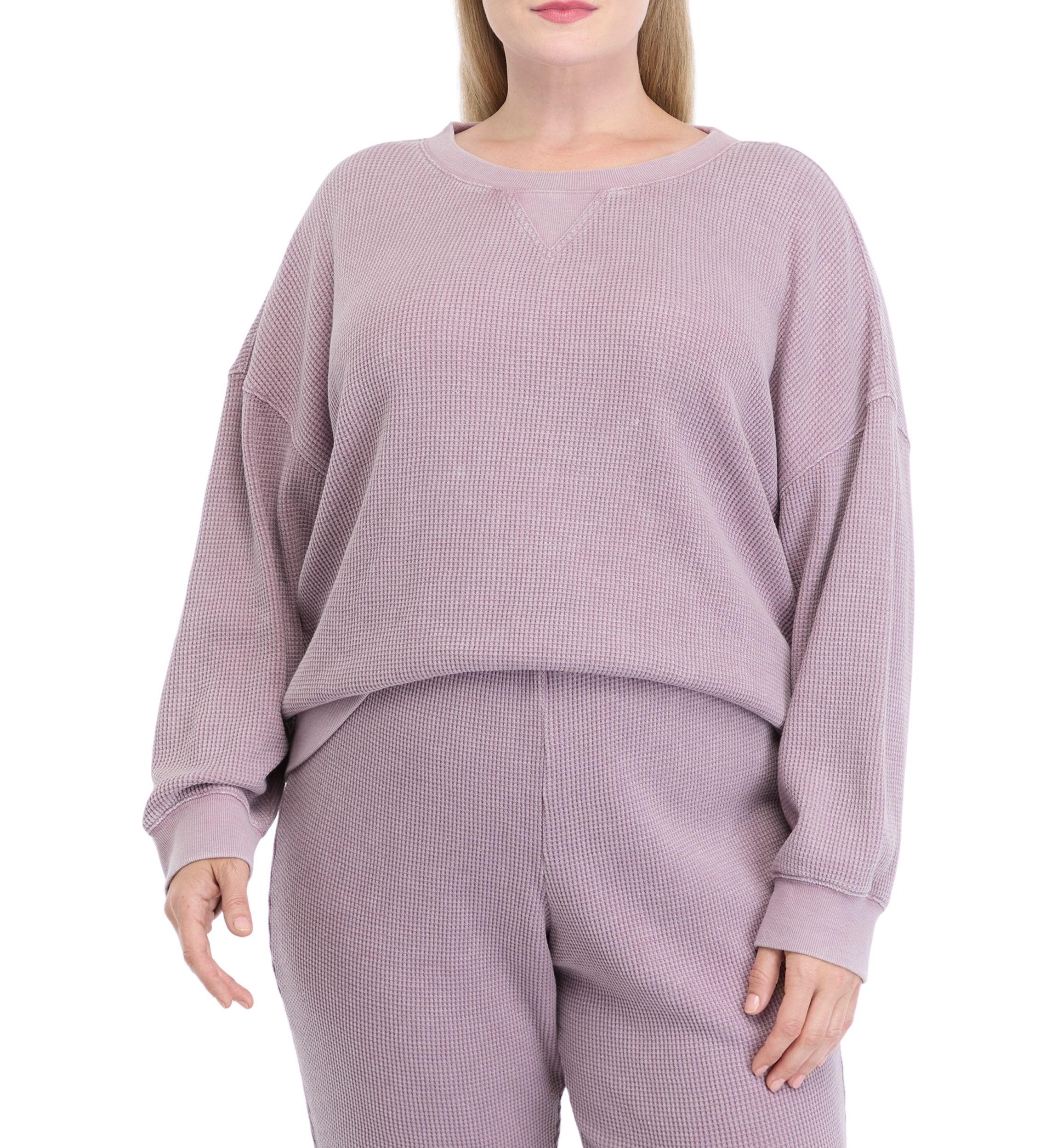 Plus Size Long Sleeve Crew Neck Waffle Sweatshirt