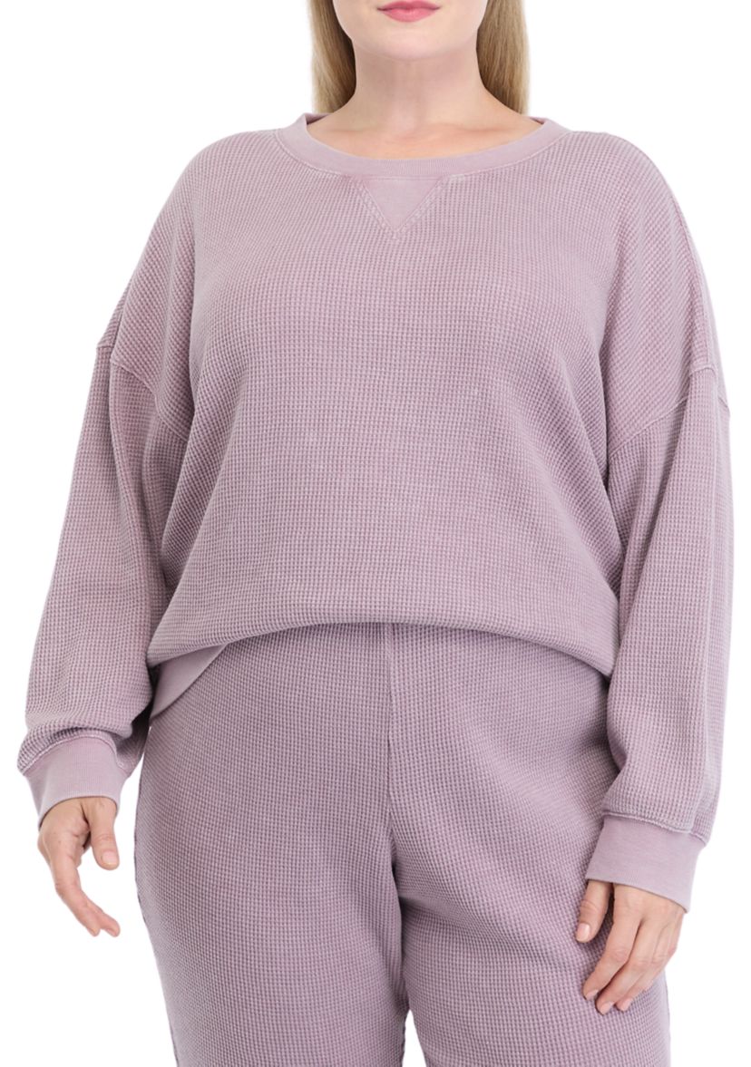 Plus Size Long Sleeve Crew Neck Waffle Sweatshirt
