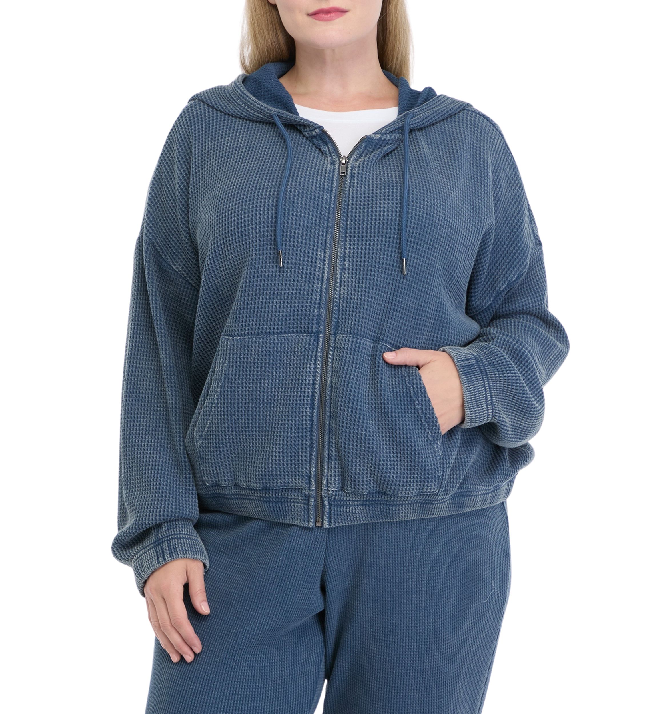 Plus Size Zip Long Sleeve Waffle Sweatshirt