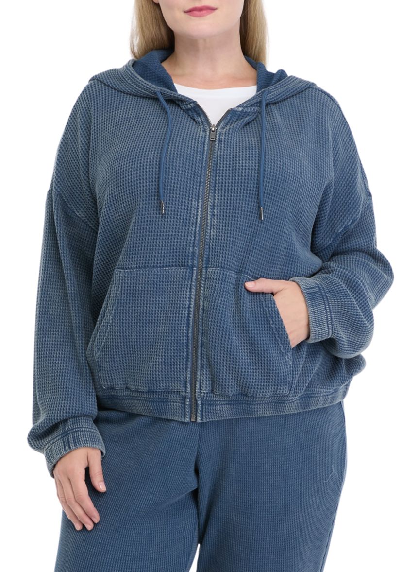 Plus Size Zip Long Sleeve Waffle Sweatshirt