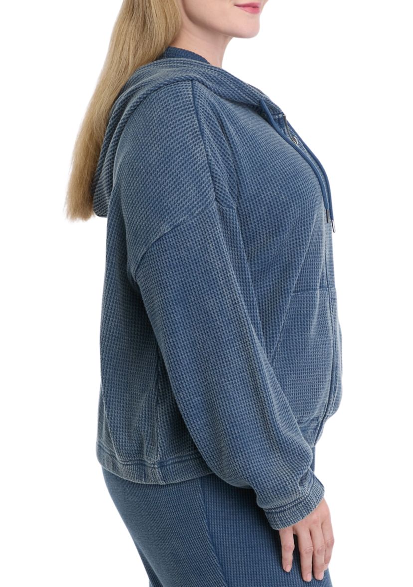 Plus Size Zip Long Sleeve Waffle Sweatshirt