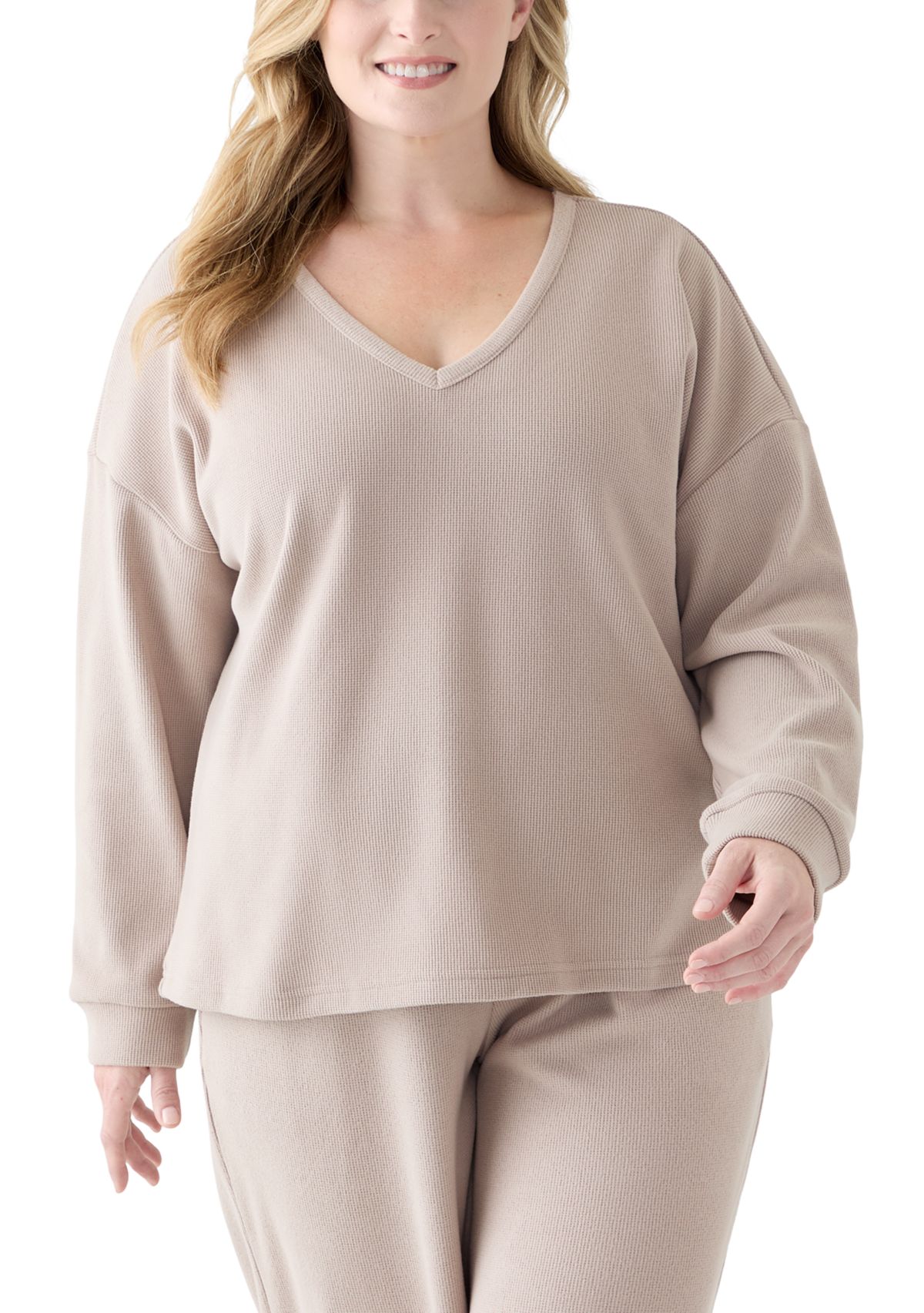 Plus Size Thermal Hacci V-Neck Top
