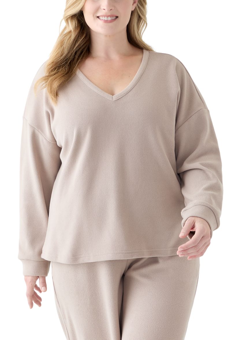 Plus Size Thermal Hacci V-Neck Top