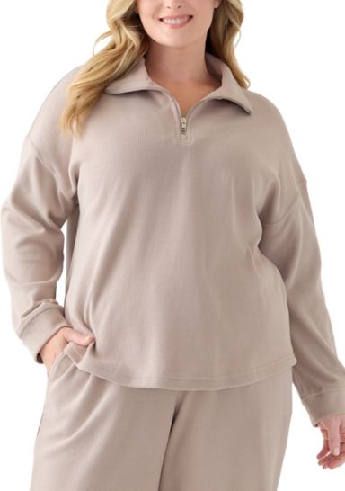 Plus Size Thermal Hacci 3/4 Zip Up Pullover